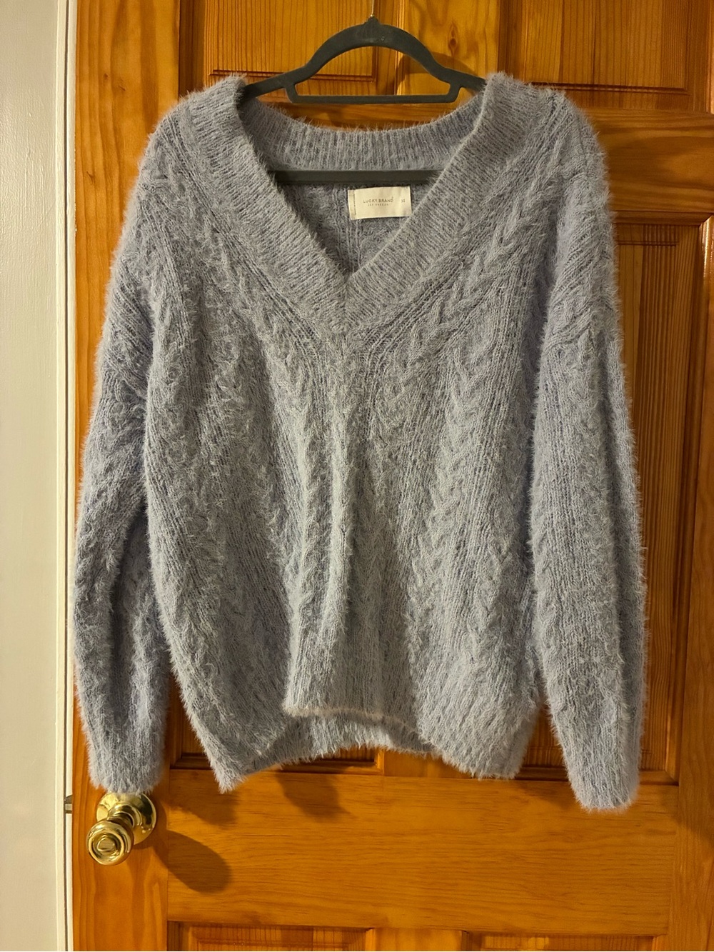 Lucky Brand Light Blue Fuzzy V-Neck Cable Knit Sweater